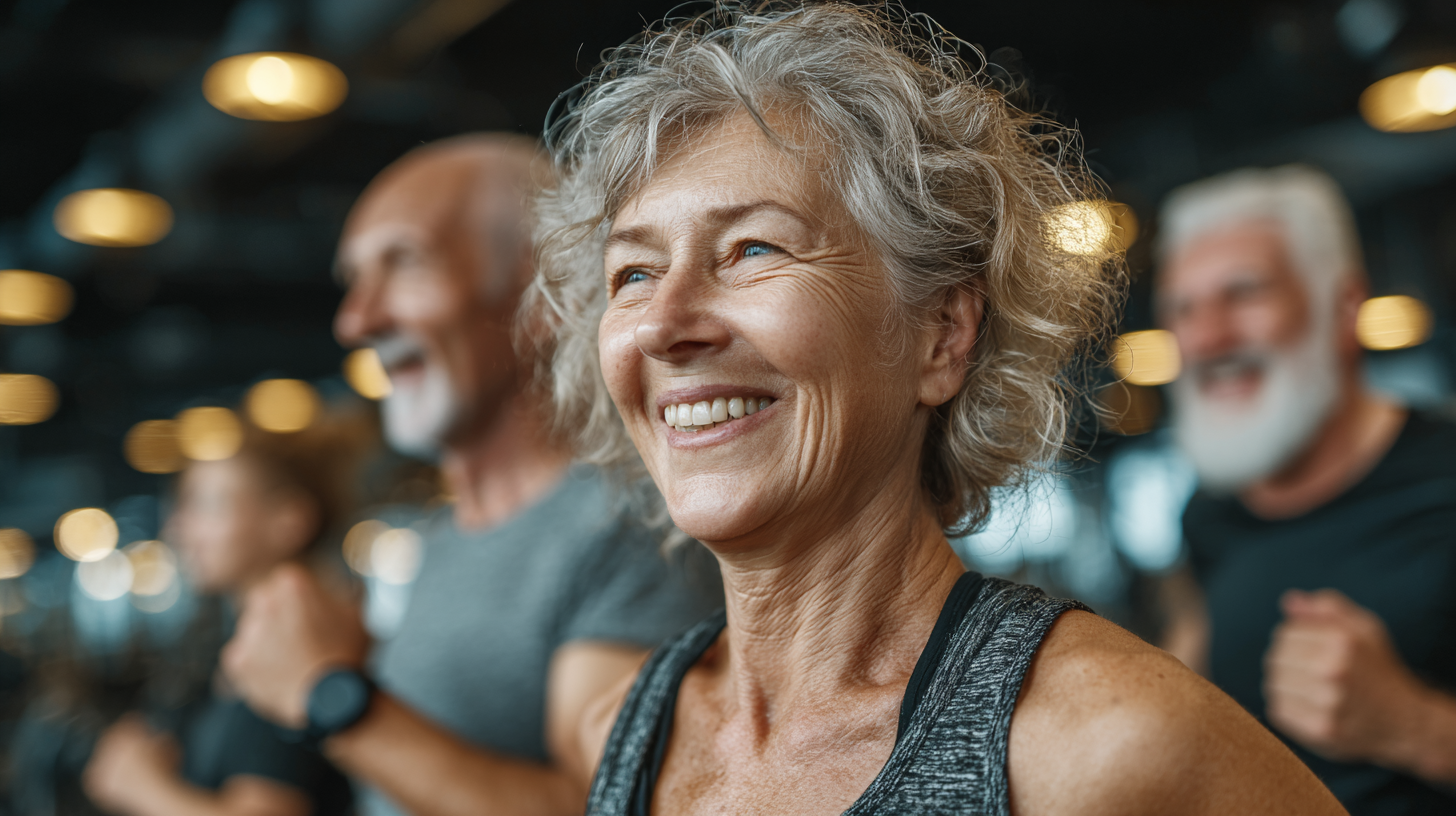 Активні старші люди займаються фітнесом на природі